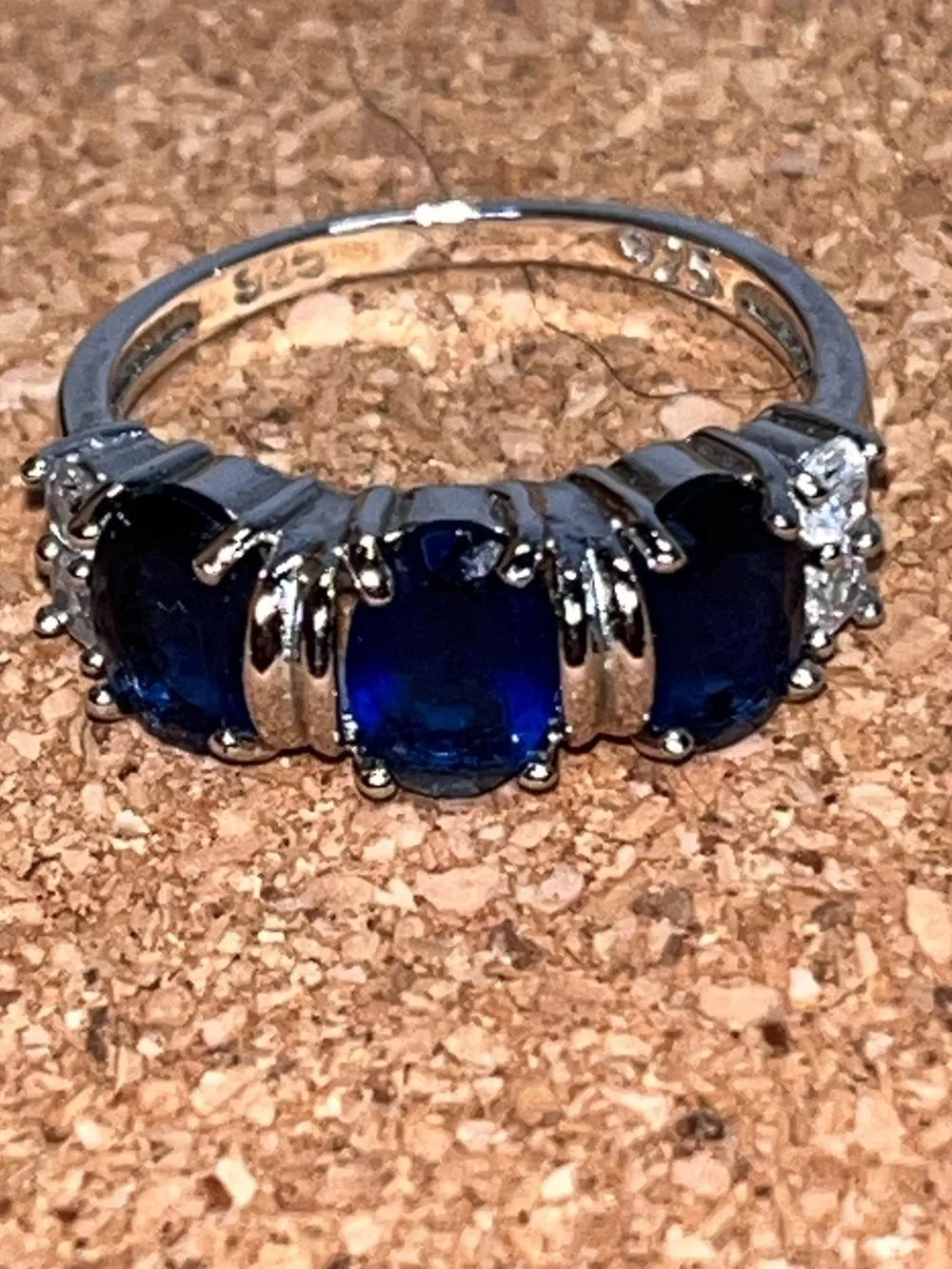 925 Sterling Silver Blue Sapphire 3-Stone Statement Ring 7